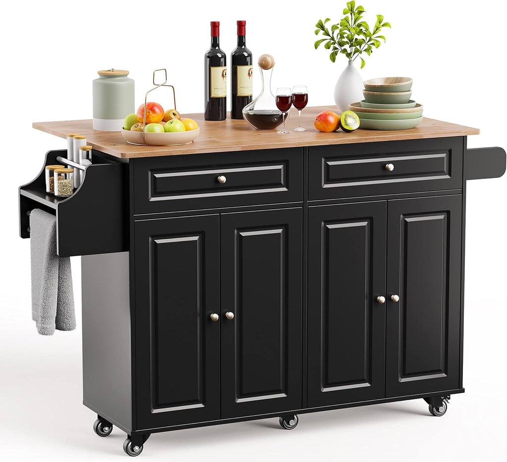 Aiho Kitchen Island with Storage, Mobile Kitchen Island Side Table on Wheels with Rubber Wood Drop-leaf Countertop , Side Rack and Drawer and for Kitchen,Dining Room - Black
