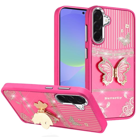 For Samsung Galaxy A37 Splendid Glitter Butterfly Design Stand with Metallic Edges Hybrid Case - Hot Pink