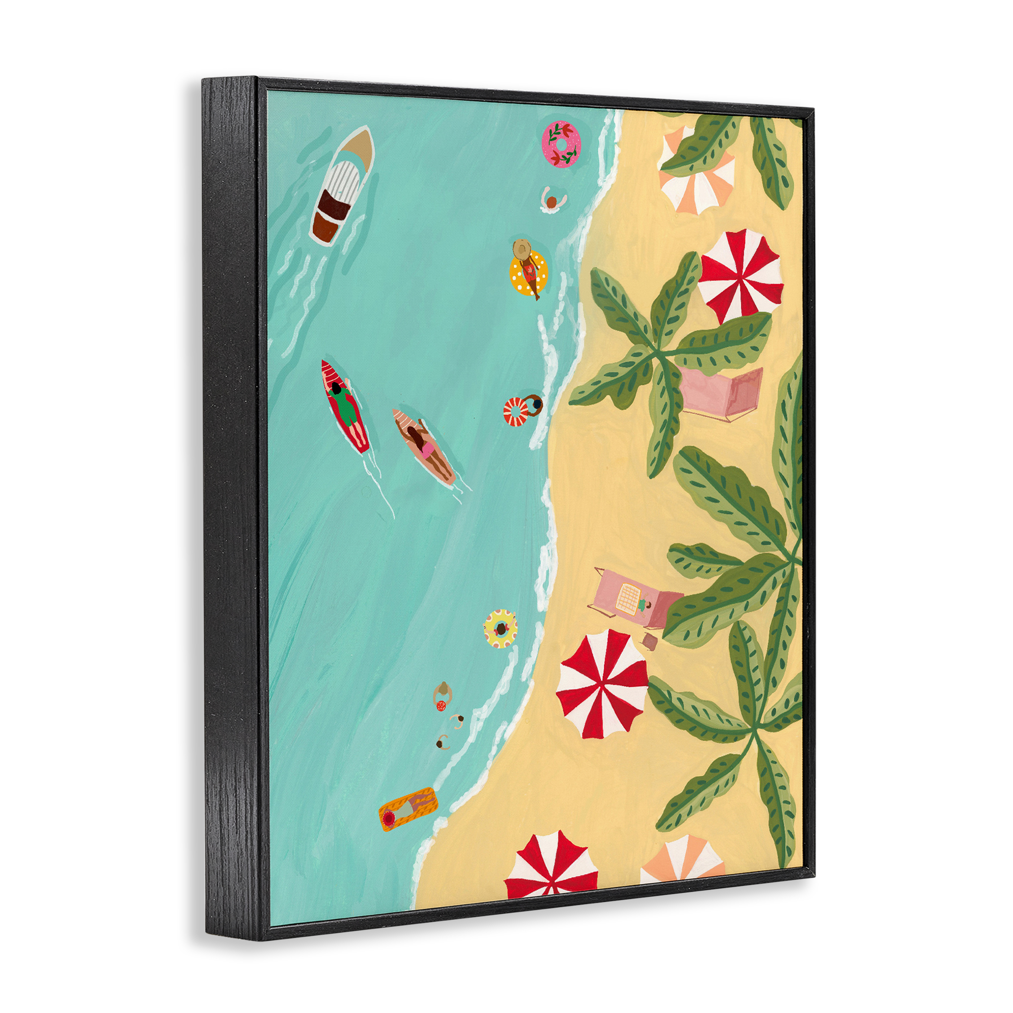 Busy Beach Day Hangout Black Framed Giclee Art, design by Nabeela Rumi