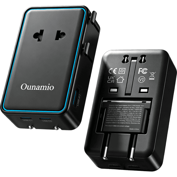 Ounamio Travel Adapter, Ultra-Slim Mini, 25W PD 4-Port with AC Outlet for Global Travel