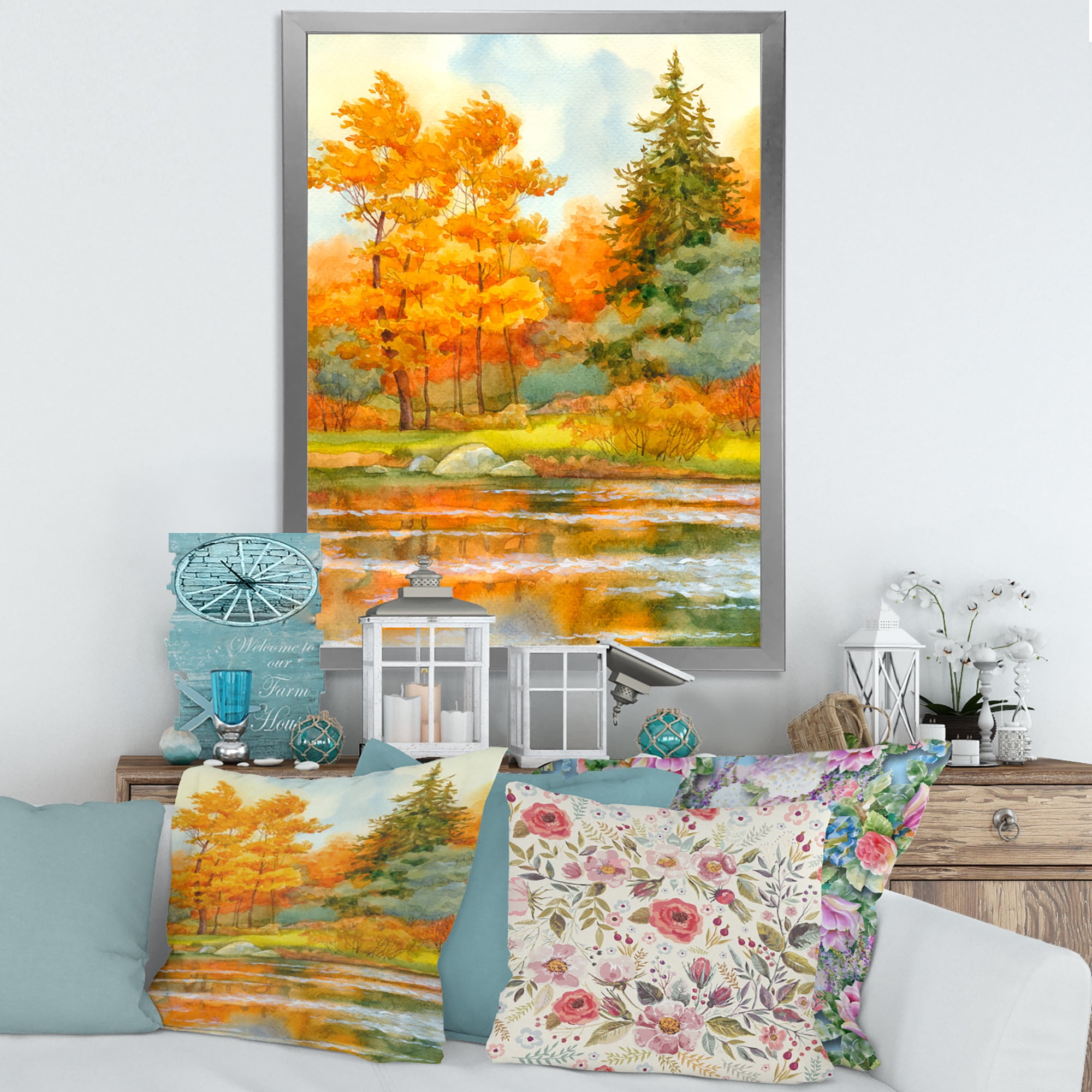 Designart 'Autumn Forest By The Lake Side IV' Lake House Framed Art Print