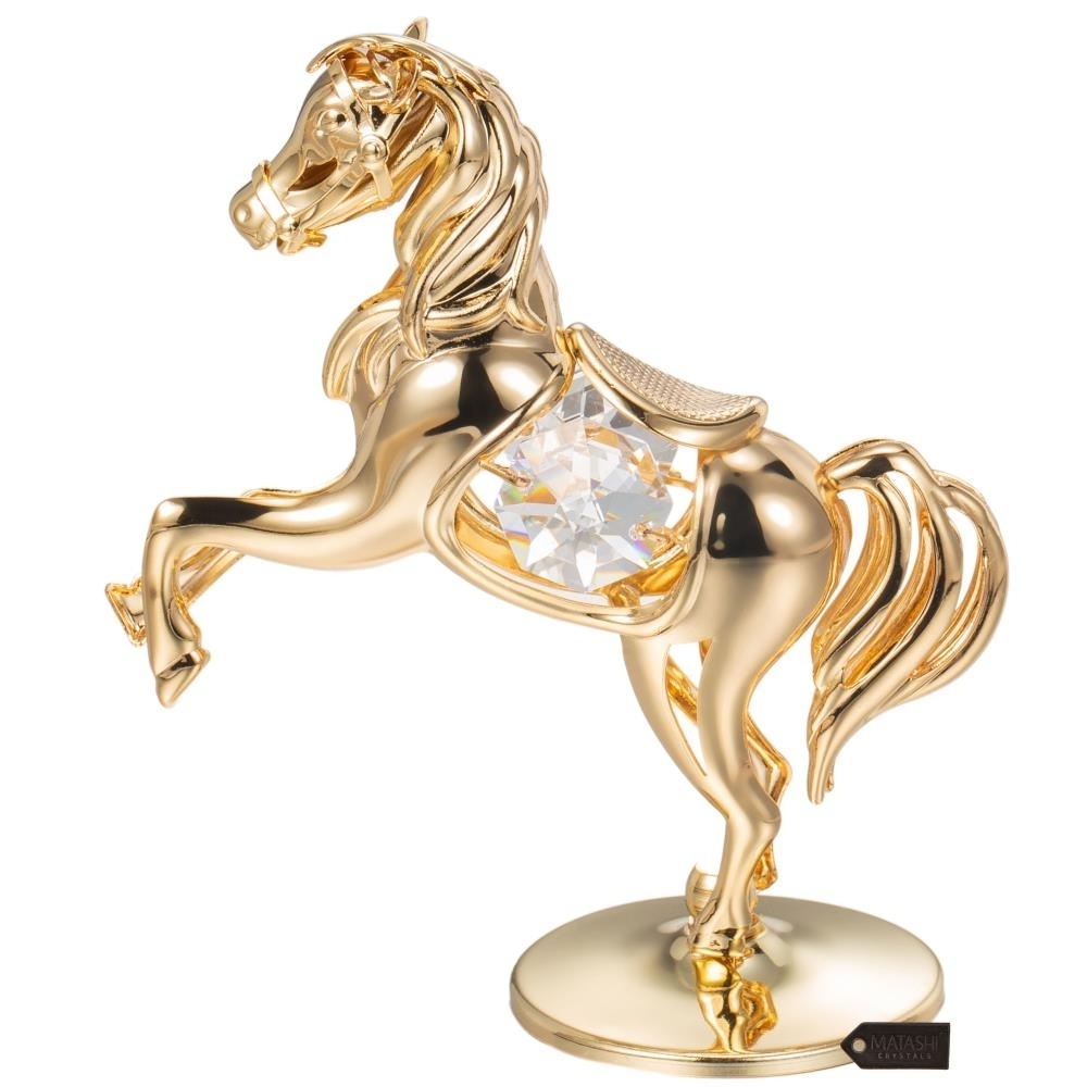 24K Gold Plated Crystal Studded Horse On a Pedestal Ornament by Matashi - image 2 of 7