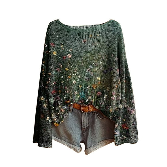 Breezora Floral Bohemian Print Pullover Sweater for Women Lightweight Knit Long Sleeve Crewneck Blouse Comfortable Loose Fit Casual Wear XXL Size Blackish Green