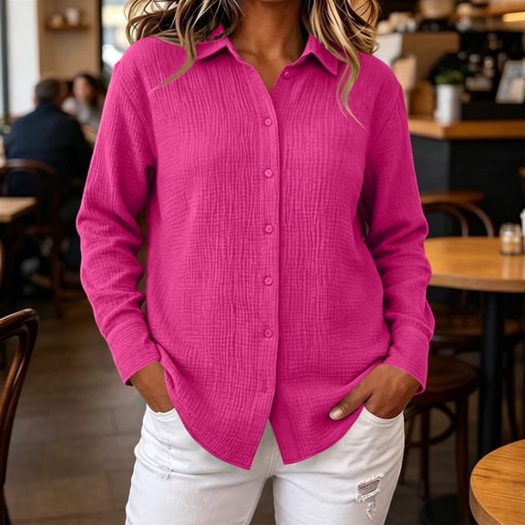 Trikvn Women's Button Down Shirts Long Sleeve Textured Crinkle Blouse Casual Loose Fit Collared Work Tops Lightweight Fall Clothes for Office Business Casual
