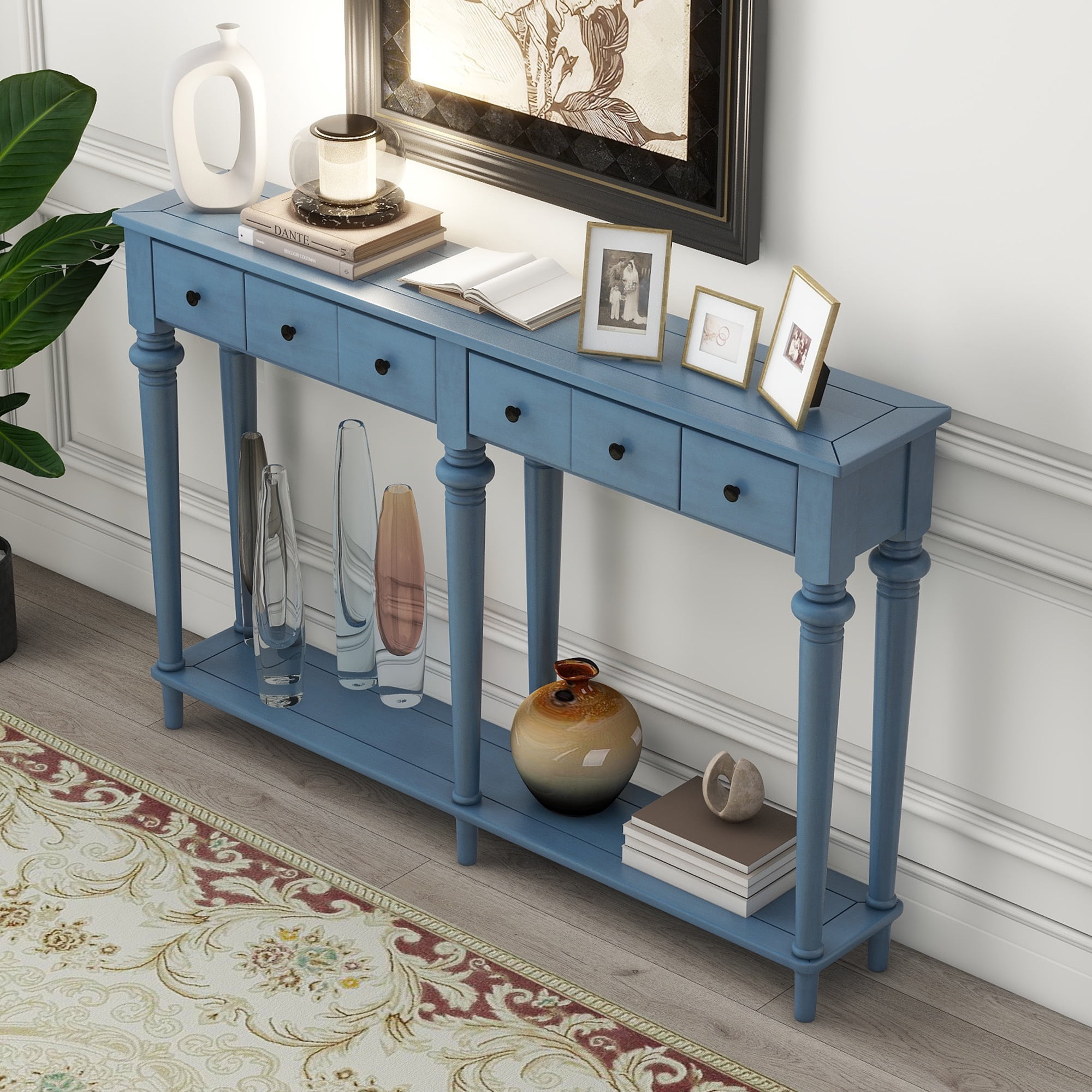 MAYEERTY Vintage Console Table with 4 Drawers, Entryway Table with Open Shelf for Hallway & Living Room, Navy Blue