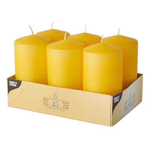PAPSTAR 6 pillar candles, diameter 60 mm, 115 mm, golden yellow, you will receive 6 pieces.