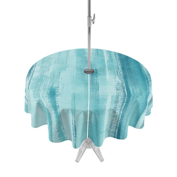 Outdoor Tablecloth with Umbrella Hole for Patio/Picnic/Party/Camping, Teal Blue Ombre Waterproof Table Cloth Round Cover Washable, Modern Abstract Art Oil Painting (Dia 54")