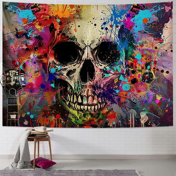 Patifu Skull Paint Splatters Guitar Tapestry Wall Hanging Unique Style Home Wall Decor Art for Living Room Bedroom Dorm Farmhouse Apartment | Soft Plush Material 40x30inch