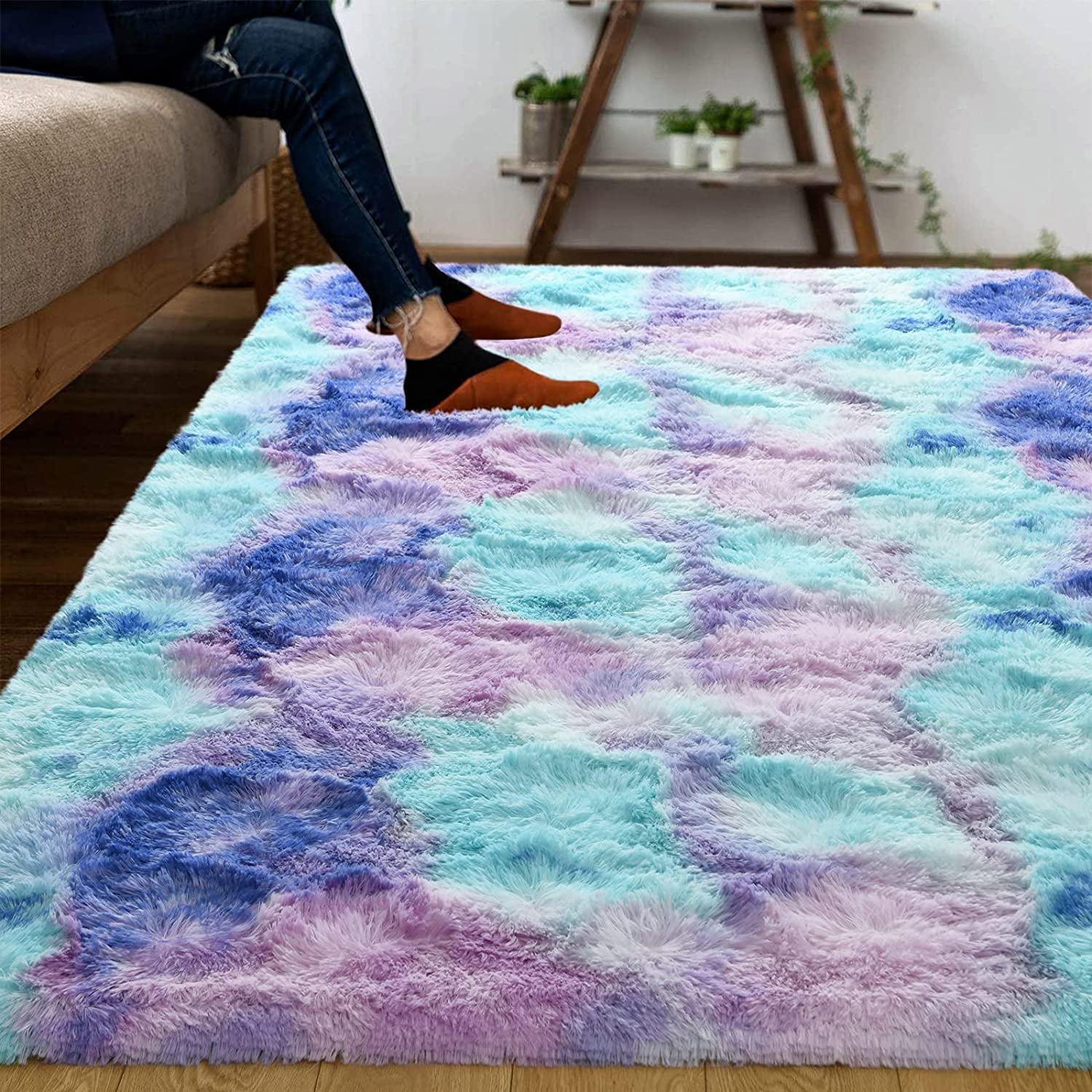 Noahas Soft Fluffy Rainbow Rugs for Girls Bedroom 5x8, Shaggy Kids Playroom Rugs, Colorful Plush Rug for Living Room Nursery, Cute Fuzzy Carpet Home Decor Mat for Baby Toddlers Teens, Blue Purple