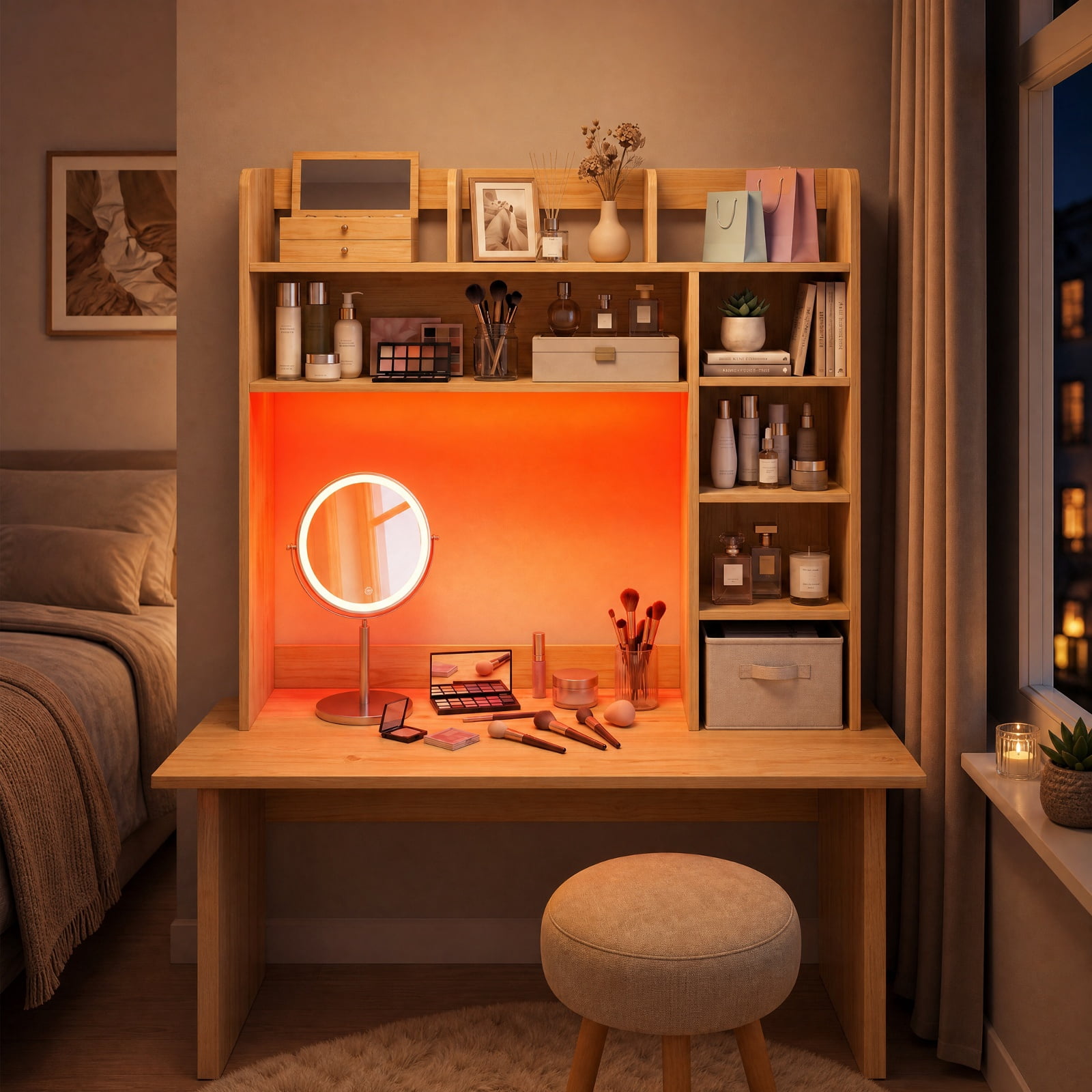 Furnibear Desktop Bookshelf with LED Lights 35.5 Inch Desk Hutch Storage Organizer and Adjustable Shelves for Home Office, Beige