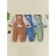 thumbnail image 3 of RUINIXCW Newborn Baby Boy Spring Fall Winter Outfit Infant Boy Clothes Striped Long Sleeve Romper Duck Goose Embroidery Overalls Suspender Pants Set, 3 of 10