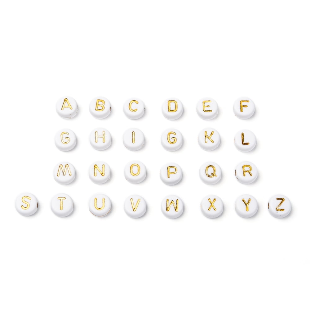 Plating Acrylic Beads for Name Bracelets Jewelry Making Metal Enlaced Horizontal Hole Mixed Letters Flat Round Golden Plated 7x4mm