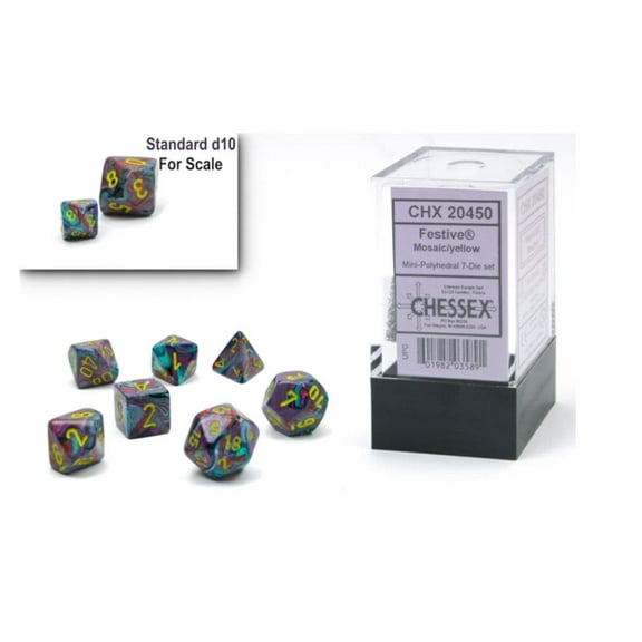 Chessex Dice Set – 10mm Festive Mosaic/Yellow Plastic Polyhedral Dice Set – Dungeons and Dragons D&D DND TTRPG Dice – Includes 7 Dice - D4 D6 D8 D10 D12 D20 D%,CHX20450