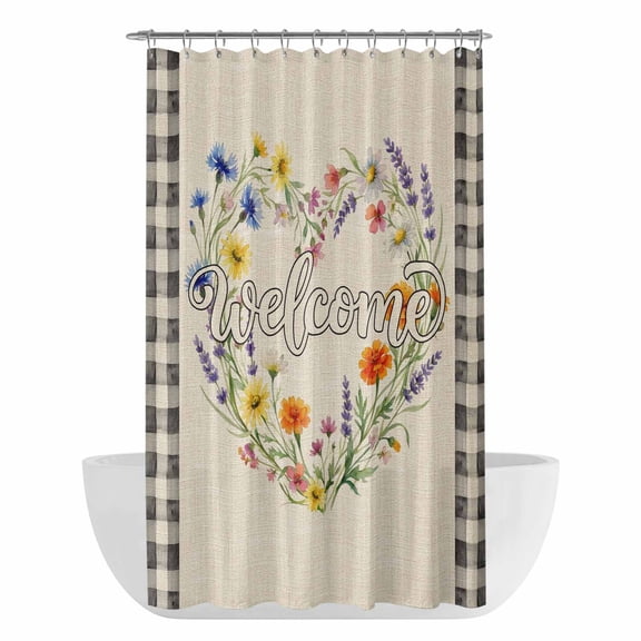 Heart Floral Wreath Shower Curtain - Water Repellent Fabric Shower Curtains Washable, Country Vintage Flowers Burlap Plaid Decorative Polyester Cloth Bathroom Curtains Modern Bath Decor 36"x72"