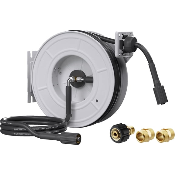 Giraffe Tools Retractable Power Pressure Washer Hose Reel 1/4" x 65 ft, 3200PSI, Replaceable Hoses, Wall/Floor Mounted
