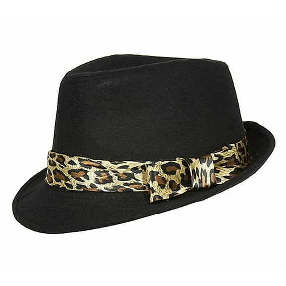Fedora Hats - Wool-felt Like w/ Leopard Print Band - Black - HT-AHA51743BK