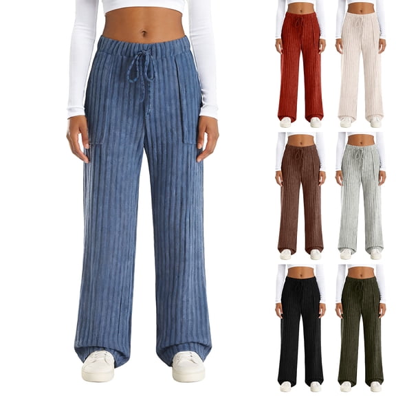 zaveiop Womens Ribbed Wide Leg Lounge Pants with Pockets Casual Relaxed Comfy Loose Soft Knit Pajama Pants with Drawstring (Brown, S)