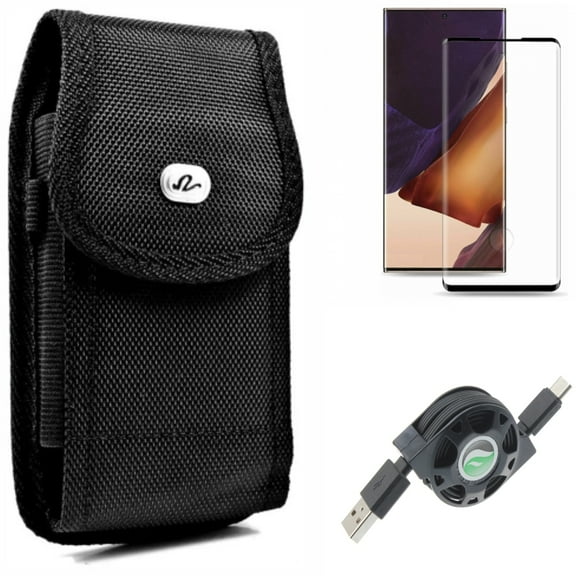 Case Belt Clip & Screen Protector & USB Cable for Samsung Galaxy Note 20 Ultra (6.9") - Combo with Rugged Holster & Tempered Glass (Fingerprint Unlock) & Retractable Type-C