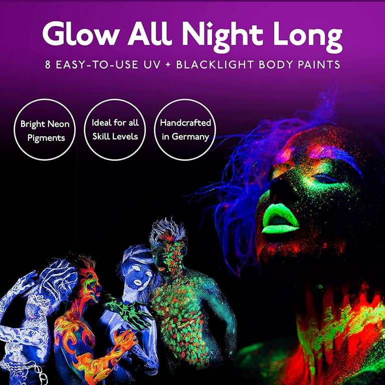 Neon nights 8 x UV Body Paint Set | Black Light Glow Makeup Kit |  Fluorescent Face Paints for Blacklight Bodypainting