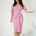 thumbnail image 2 of Oksale Work Dresses for Women 3/4 Sleeve Midi Dress Ruched Pencil Dresses Casual Crewneck Sheath Dress Comfortable Soft Business Dresses Pink M, 2 of 9
