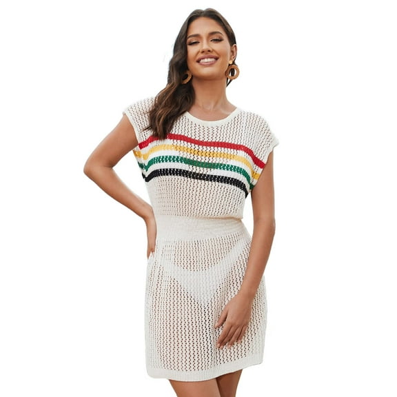 Edolynsa Plus Size Bathing Cover Up For Women Crochet Beachwear Cute Hollow Out Beach Dress Elastic Waist Vacation Wear