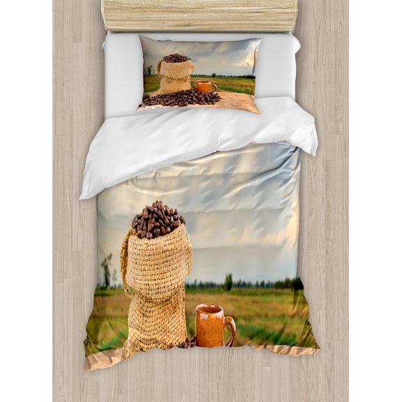 Coffee Duvet Cover Set Twin Size, Burlap Sack Filled with Seeds on a Wood Table with a Blurry Nature Scene on the Back, Decorative 2 Piece Bedding Set with 1 Pillow Sham, Multicolor, by Ambesonne