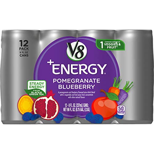 V8 +Energy, Juice Drink With Green Tea, Pomegranate Blueberry, 8 Fl Oz Can, Pack Of 12