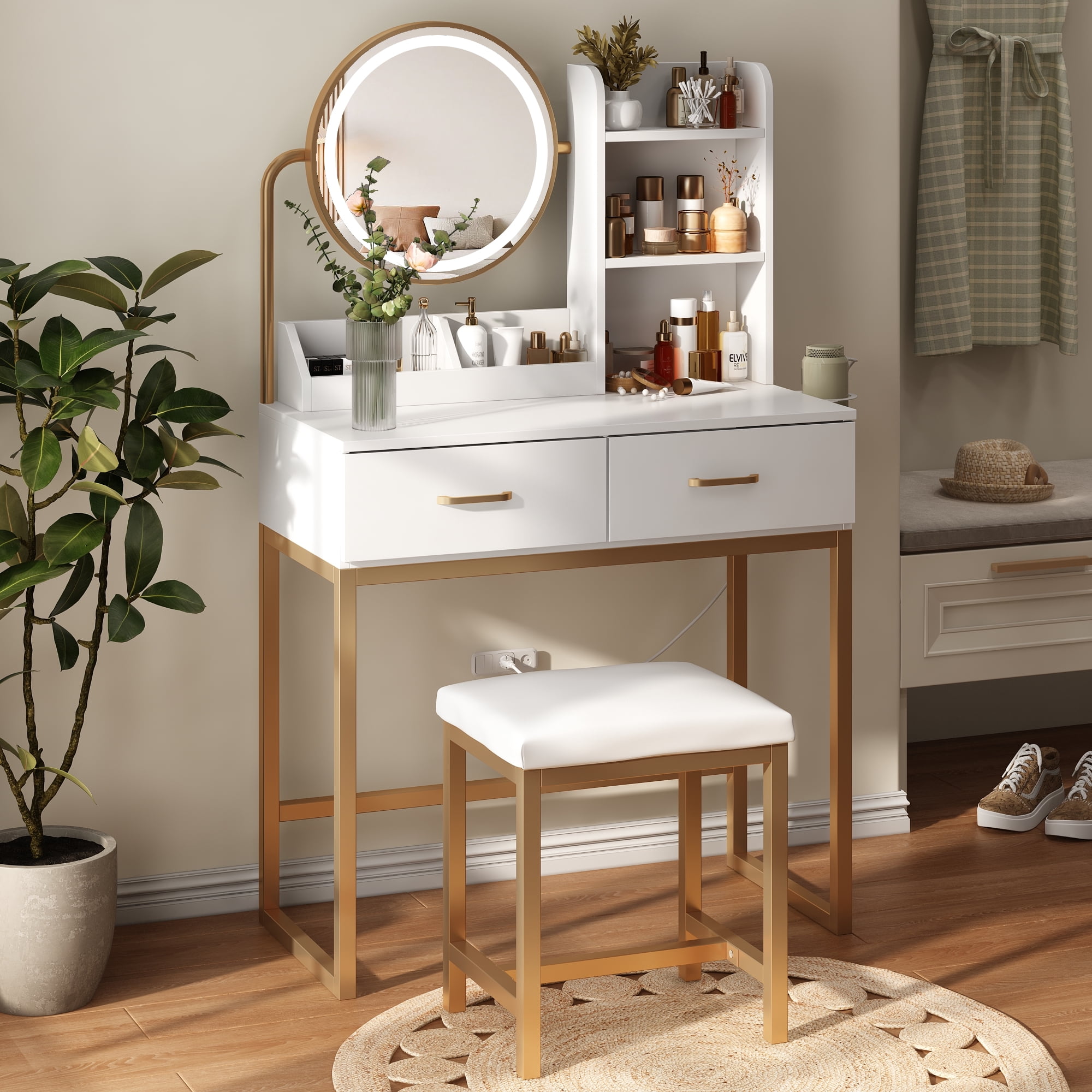 VEANERWOOD Vanity Desk with Lights and Round Mirror, Modern Vanity Makeup Table with 2 Drawers, White