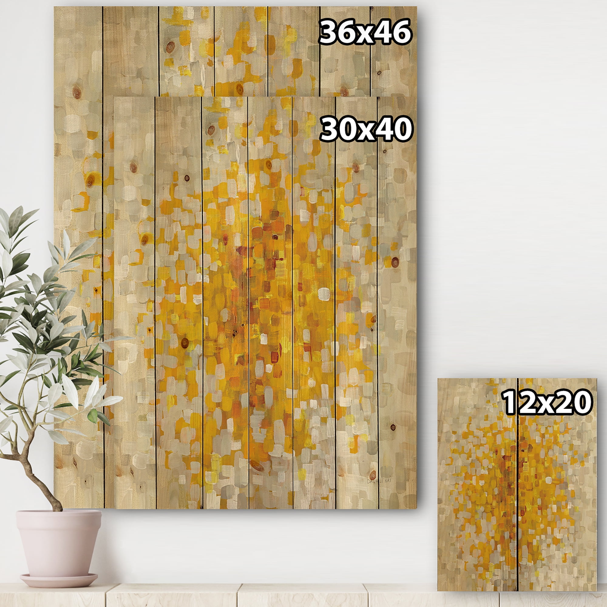 Designart 'Glam Gold Yellow Explosion Blocks' Modern & Transitional Print on Natural Pine Wood