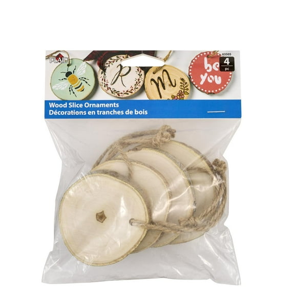 Plaid Wood Surface Pine Ornaments, Set of 4, 2.5"