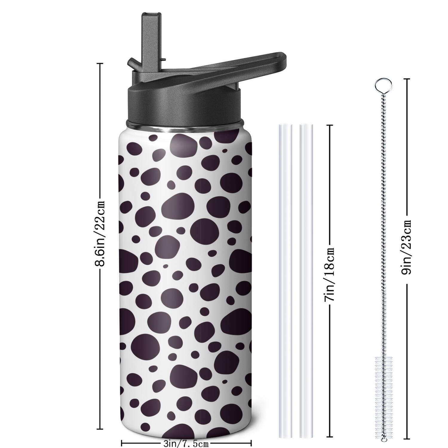 Leopard Print Insulated Stainless Steel Water Bottle with Straw & Cleaning Brush – 18 Oz | Leakproof, BPA-Free, 304 Stainless Steel, Wide Mouth, Travel Mug for Car, Gym, Office
