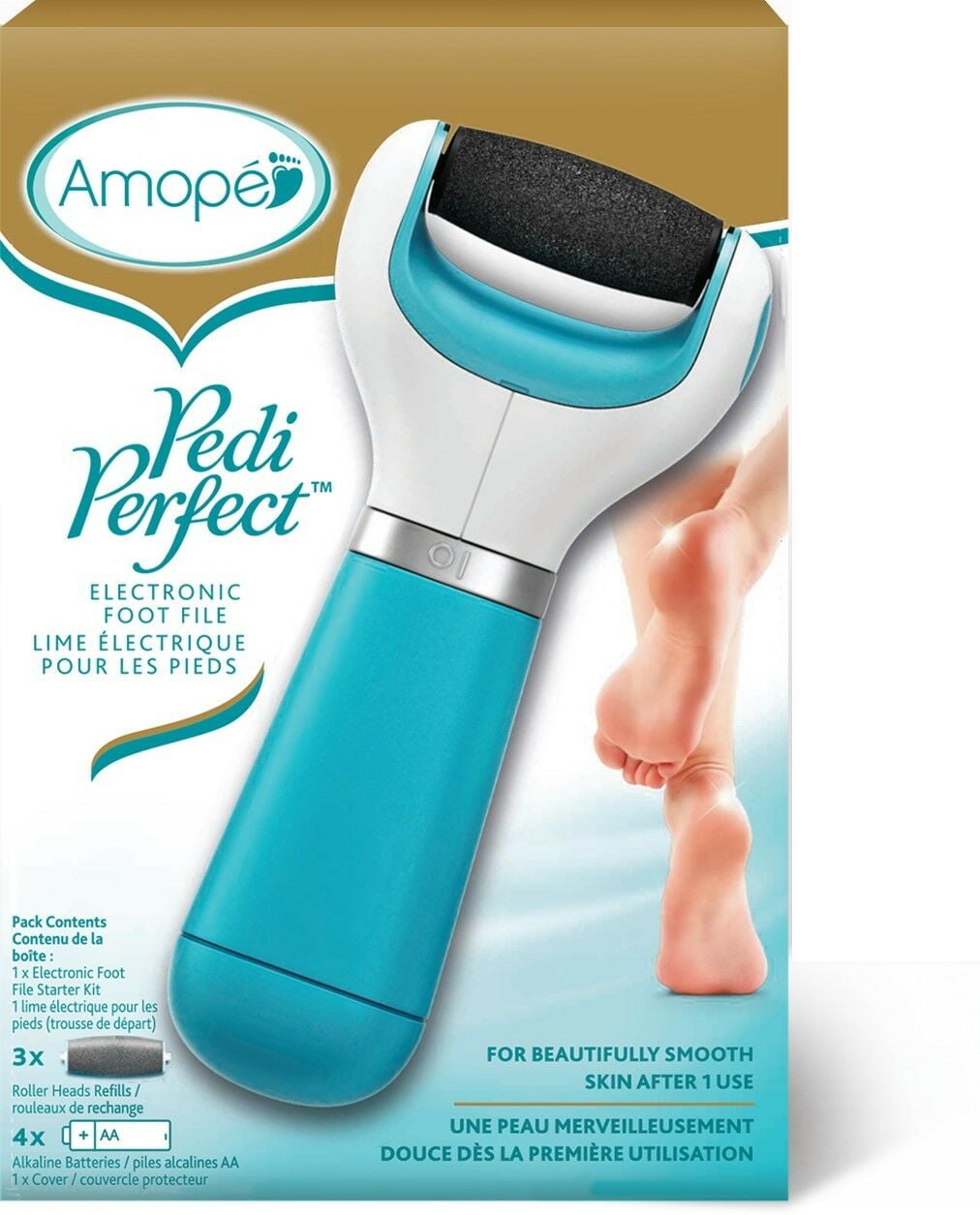 Amope Pedi Perfect Electronic Foot File With 3 BONUS Refill Roller Heads Regular Coarse, Blue