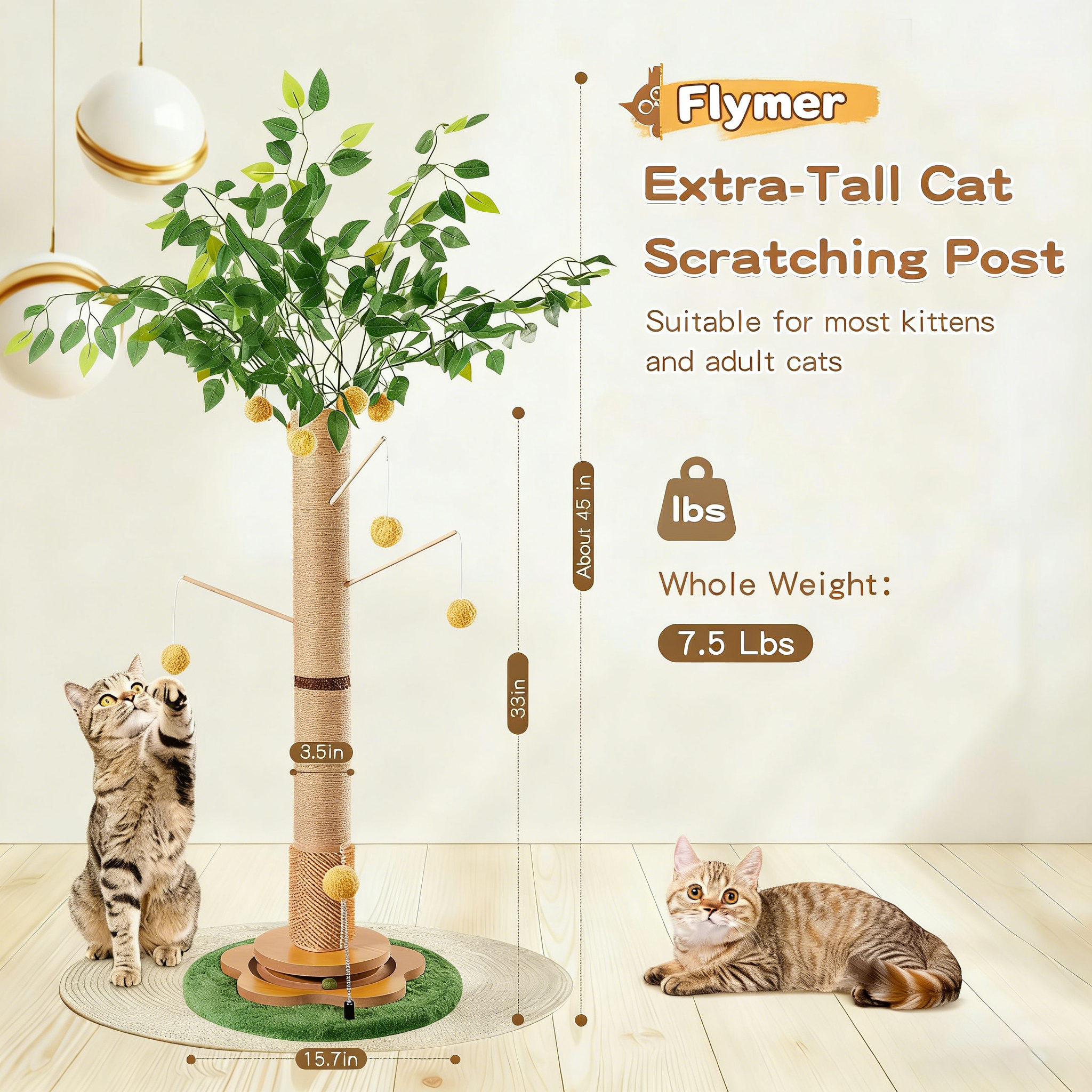 Flymer 45" Tall Cat Scratching Post with Sisal Rope for Indoor Cats Adults Kittens, Cat Tree Scratcher with Hanging Balls, Self Groomer, Track Balls
