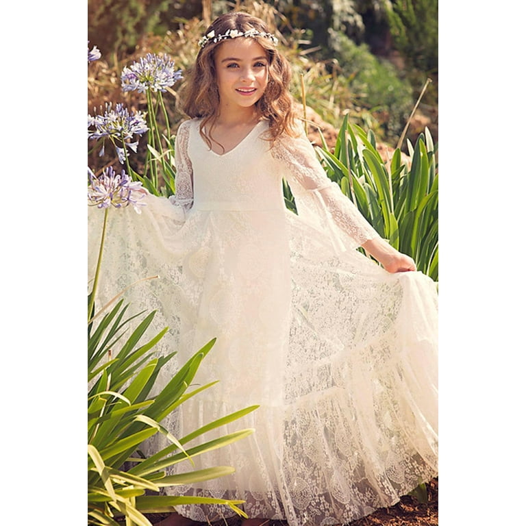 Bohemian flower girl dress, White lace flower girl dress, rustic