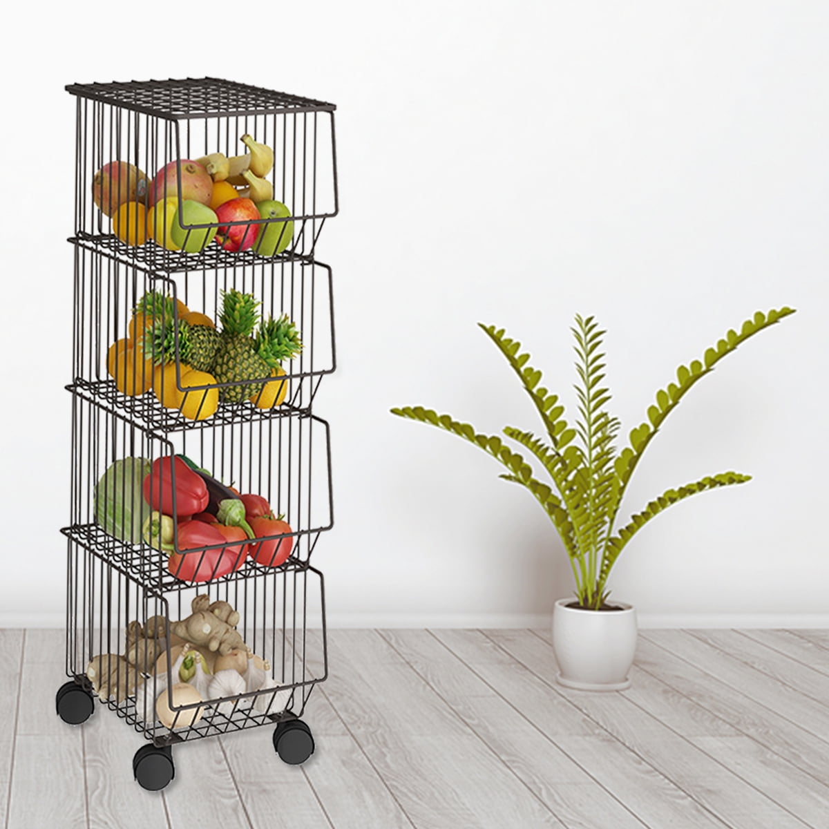 Industrial 4-Tier Vegetable and Fruit Storage Rack Stand,Potato and Onion  Bin with Storage,Wood Shelf Unit Snack Stand - Bed Bath & Beyond - 37101956