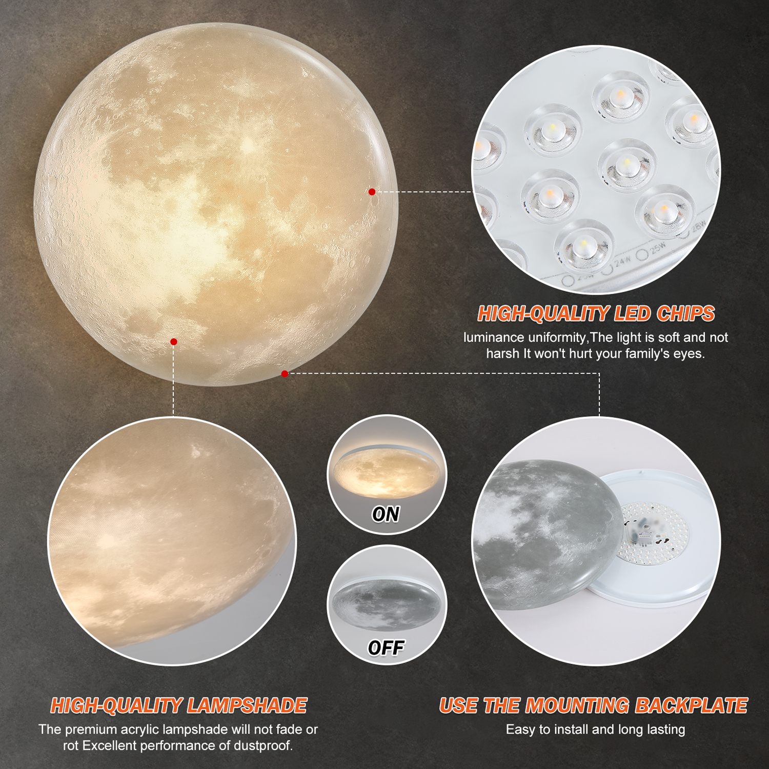 Flush Mount Fixture Ceiling Light ：15" 3D Moon Surface 5CCT Adjustable 30W LED for Bedroom, Nursery
