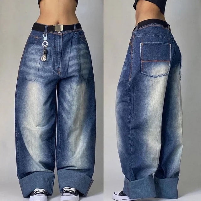 Pantalones vaqueros Vintage para hombre y mujer, Jeans anchos de cintura alta, varios bolsillos, azul lavado, Y2K, Harajuku, calle, nuevo