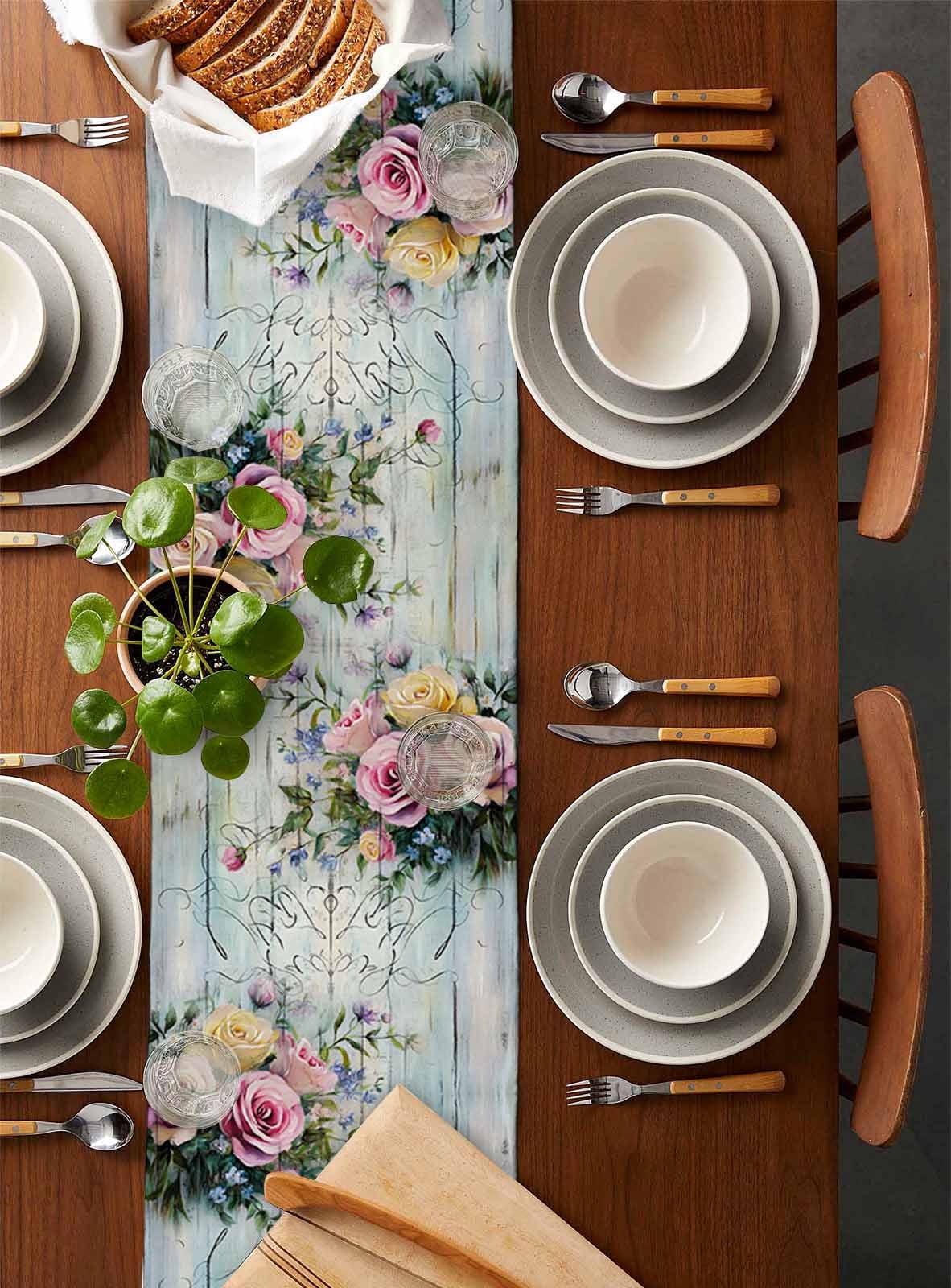Hokiten Table Runners 120 Inches Long Dress Scarves, Spring Rose Farmhouse Coffee/Dining/Kitchen Table Runner for Living Room, Floral Leaves Botanical Rustic Wood Board 13x120 Inch
