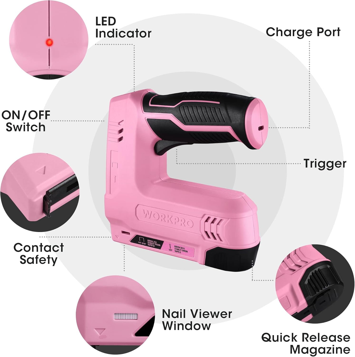 WORKPRO 3.6V Electric Staple Gun, 2-in-1 Brad Nailer with 2000 Fasteners, Usb Rechargeable for Upholstery and Home Diy Projects, Pink Ribbon