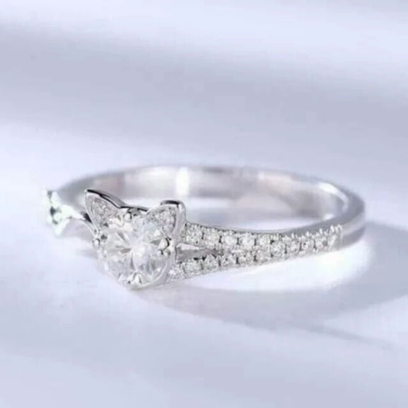 2.0Ct Round Cut Simulated Diamond Women's Cat Shape Ring 14K White Gold Finish For Her Silver
