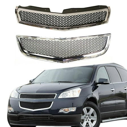 ONEPI Front Upper Grill & Lower Grill Kit Chrome Frame W/ Black Mesh Compatible with Chevy Traverse 2009 2010 2011 2012 Models