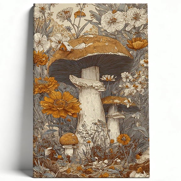 Vintage Cottagecore Mushroom and Wildflowers Canvas Wall Art Whimsical Botanical Painting Retro Fungi Poster Living Room Bedroom Decor Print Ready to Hang 8*12