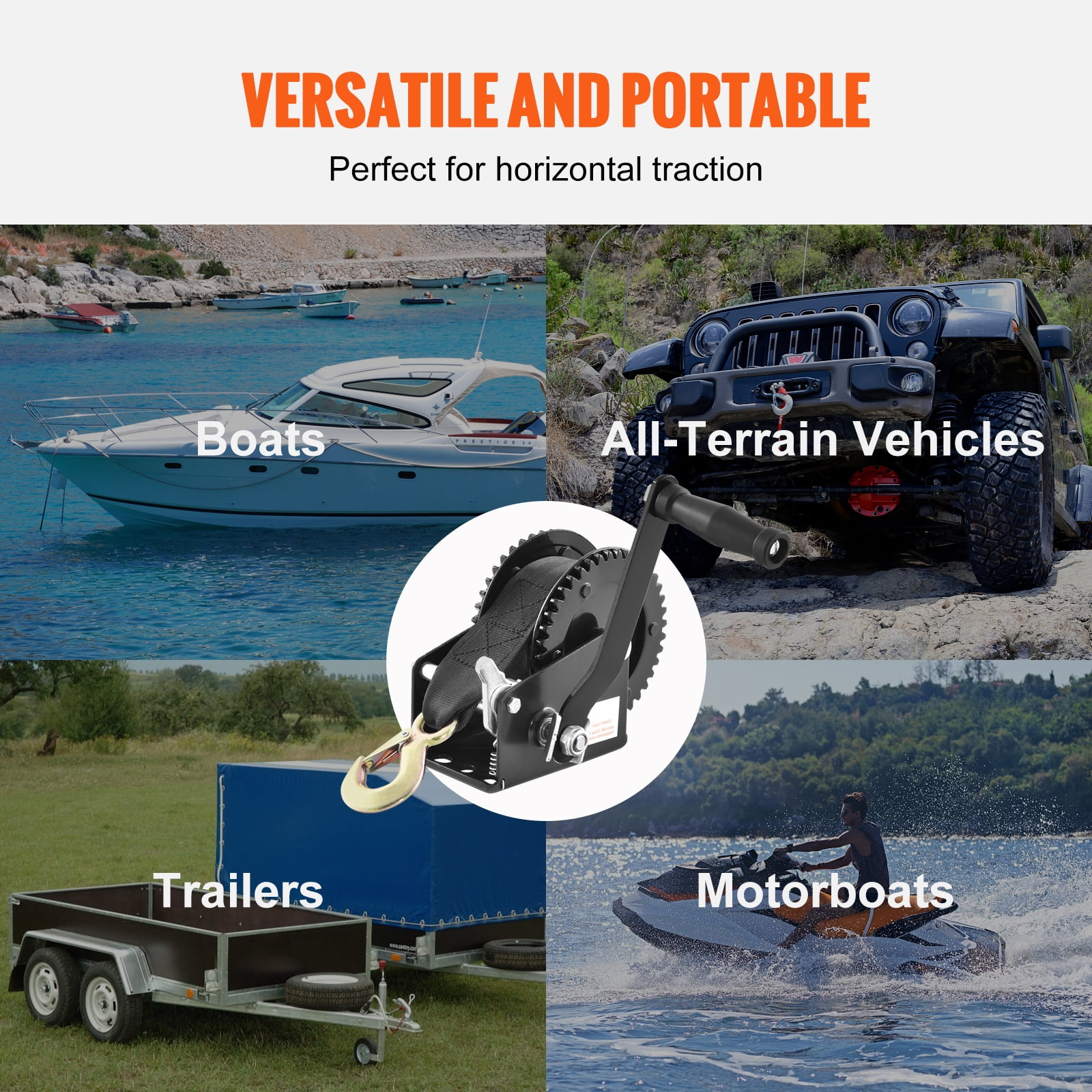 KFFKFF Manual Winch, 2000 lbs Capacity, Durable Boat Trailer Winch with 23 ft Strap, Dual-Direction Ratchet, Hand Crank for Trailers, Boats, and ATVs