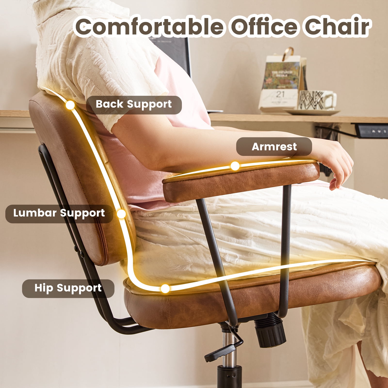 Falvinoryn Modern Home Office Desk Chair, Ergonomic Computer Task Chair with Padded Armrests, 360° Swivel Adjustable Height Rolling Chair, Rocking Function.Brown