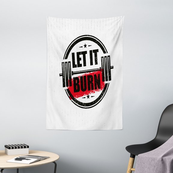 Fitness Tapestry, Let It Burn Gym Workout Strong Training Motivation Active Healthy Life Grunge, Wall Hanging for Bedroom Living Room Dorm Decor, 40W X 60L Inches, Red Black White, by Ambesonne