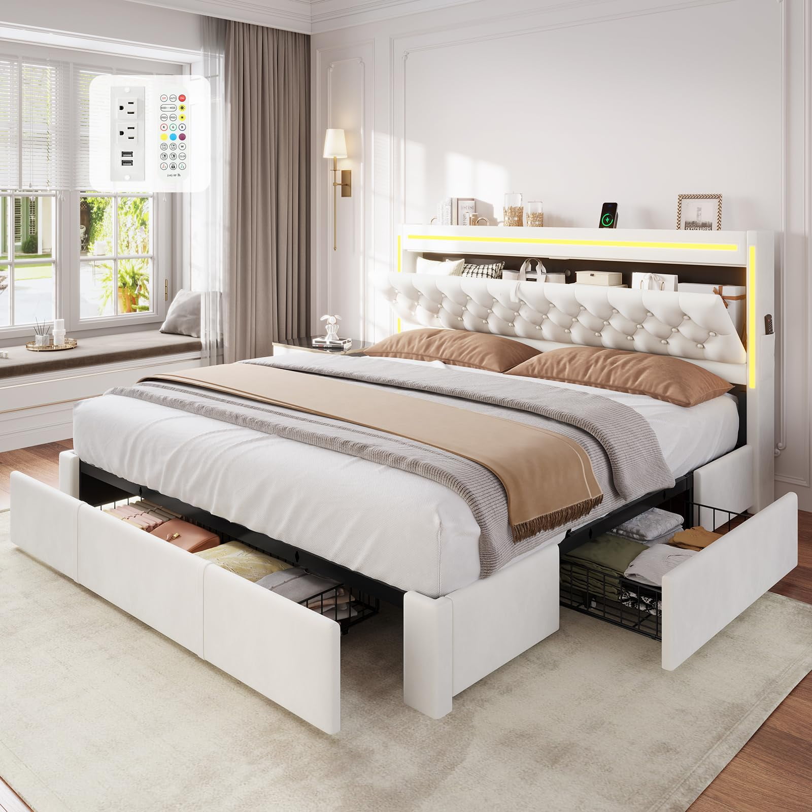 Amuzer  Bed Frame Queen Size with 5 Storage Drawers, Hidden Storage Headboard with LED Light,Charging Station, Velvet Button Tufted Headboard Upholstered Platform Bed, Beige
