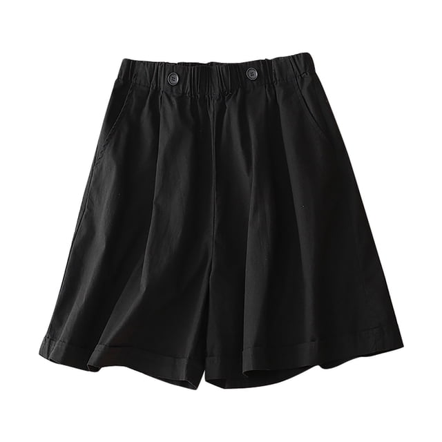 Timegard Shorts for Women Cotton Linen Elastic Waist Button Wide Leg Ruched Causal Loose Shorts Summer