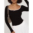 thumbnail image 3 of Gupgi Women Long Sleeve Crop Top Lace Trim Top Spring Slim Fit Basic Tops, 3 of 5