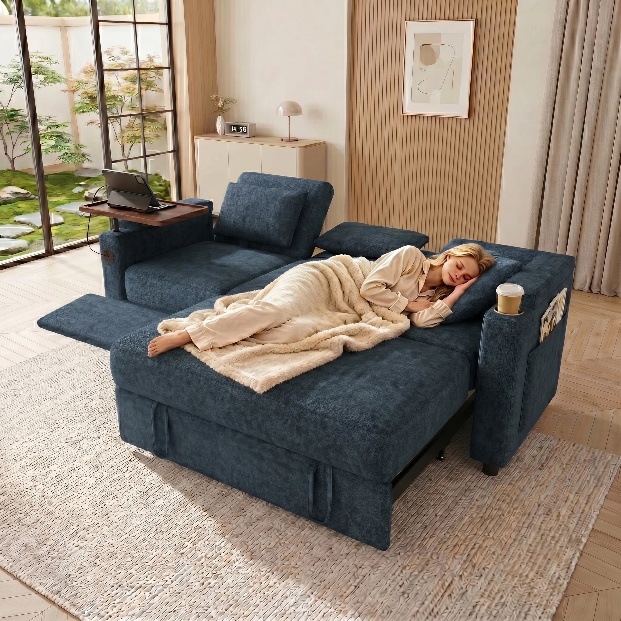 AISWORD 83" 3-in-1 Convertible Pull Out Sofa Bed, 6 Position Adjustable Sleeper Couch with USB Ports, Laptop Table, Cup Holders & Side Storage Pockets, Blue