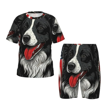 Luyuia Independence Day Collie Print Girls  2-Piece Tie-Dye Pajama Set  Cute Summer Loungewear with Shirt and Tank Shorts Nightwear-3X-Large
